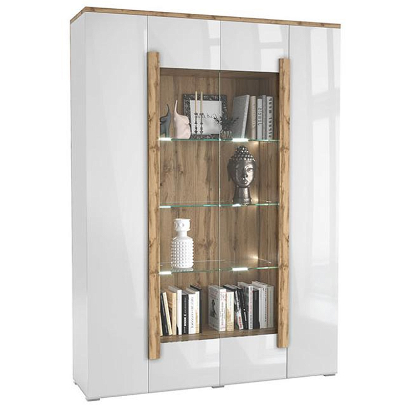 Шкаф-витрина с белым глянцевым фасадом 4-х дверная Grace of Furniture Глянцевый белый Прозрачный Дуб вотан во Владивостоке | Loft Concept 