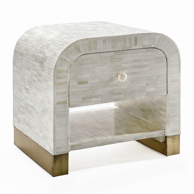 Тумбочка прикроватная с ящиком Tofino White Bone Inlay  Bedside Cabinet   ivory ( слоновая кость ) во Владивостоке | Loft Concept 