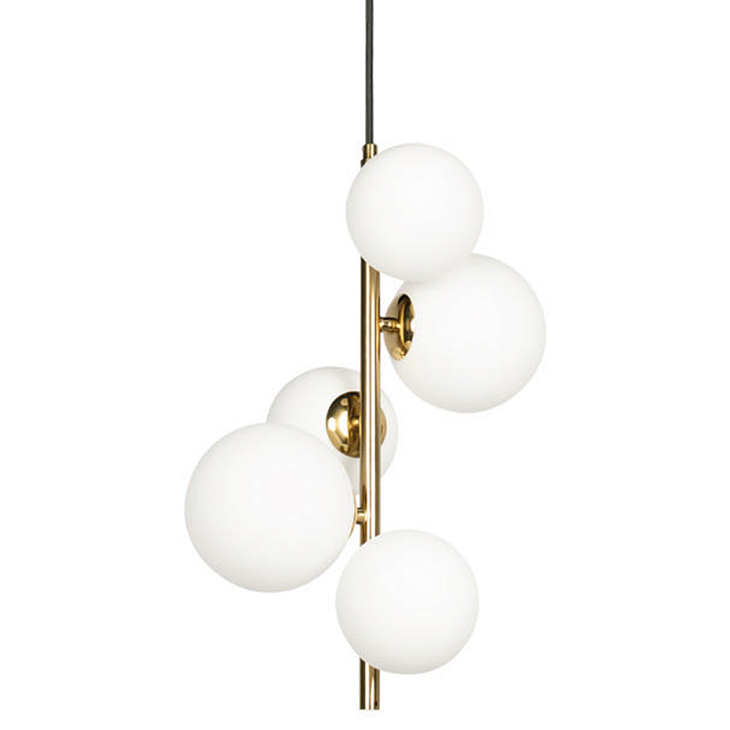 Подвесной светильник с 5-ю белыми шарообразными плафонами Bubble Chandelier Белый Золотой Подвесной светильник с 5-ю белыми шарообразными плафонами Bubble Chandelier Белый Золотой во Владивостоке | Loft Concept