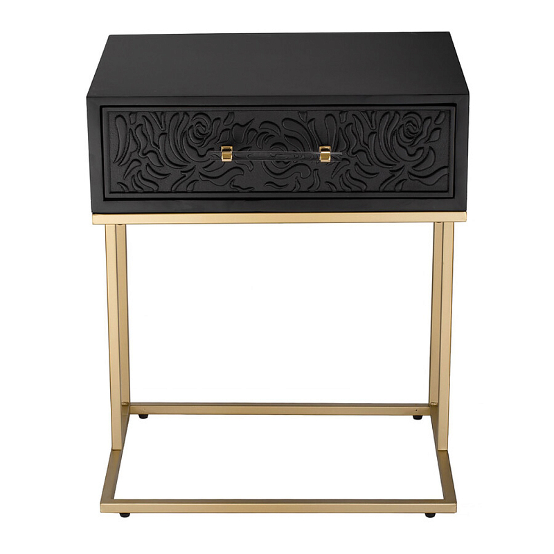 Приставной столик с резным узором на выдвижном ящике Black Table Carved Pattern Черный Золотой во Владивостоке | Loft Concept 