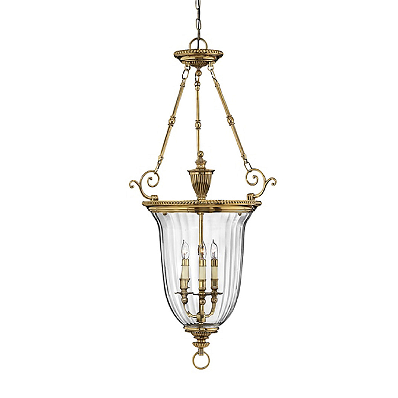 Подвесной светильник латунный с рифленым прозрачным плафоном и тремя свечеподобными лампами в классическом стиле Hinkley Латунь Прозрачное Стекло во Владивостоке | Loft Concept 