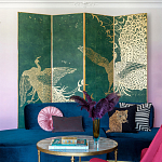 Обои ручная роспись в стиле Арт-деко Whistler Peacocks Original colourway on green painted silk варинант исполнения - 1 | Loft Concept во Владивостоке