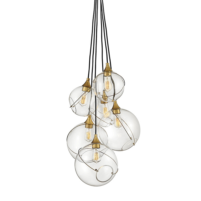 Подвесной светильник с шестью прозрачными стеклянными шарообразными плафонами Hinkley Латунь Прозрачное Стекло во Владивостоке | Loft Concept 