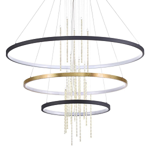 Люстра подвесная с 3-мя круглыми подвесами в черном и золотистом цвете и вертикальными подвесками Ring Horizontal