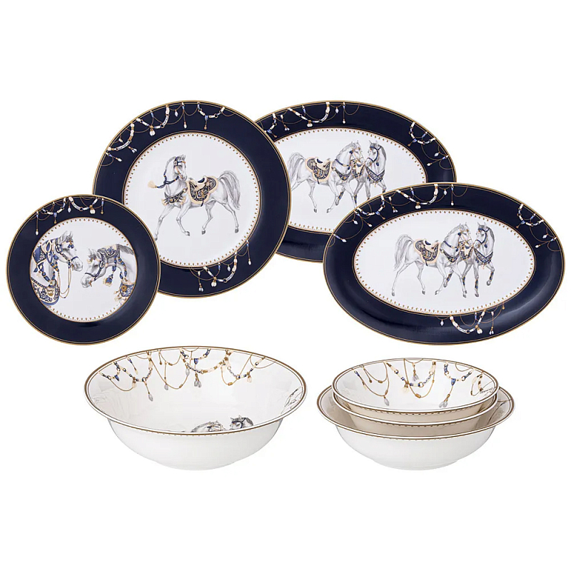 Сервиз обеденный из фарфора с изображением лошадей на 6 персон 23 предмета Porcelain Horse Set Белый Синий Сервиз обеденный из фарфора с изображением лошадей на 6 персон 23 предмета Porcelain Horse Set Белый Синий во Владивостоке | Loft Concept