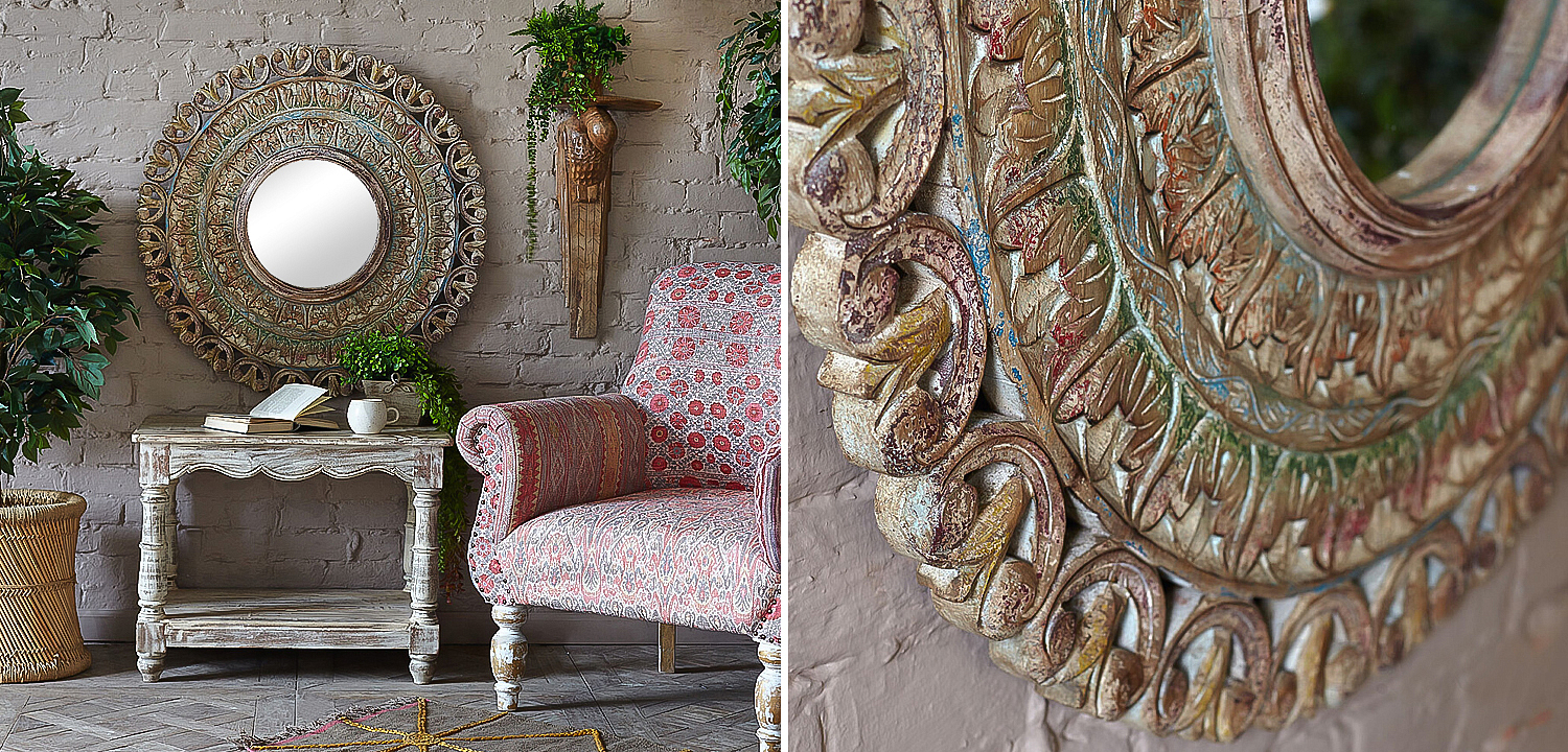Зеркало в резной раме Manjula Grey Mango Carved Mirror Зеркало в резной раме Manjula Grey Mango Carved Mirror - Loft-Concept во Владивостоке