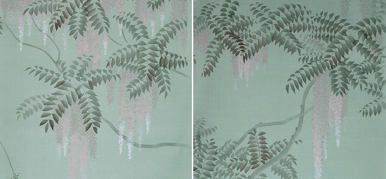 Обои в Японском стиле Wisteria Special Colourway on Blue Grey dyed silk Обои в Японском стиле Wisteria Special Colourway on Blue Grey dyed silk - Loft-Concept во Владивостоке