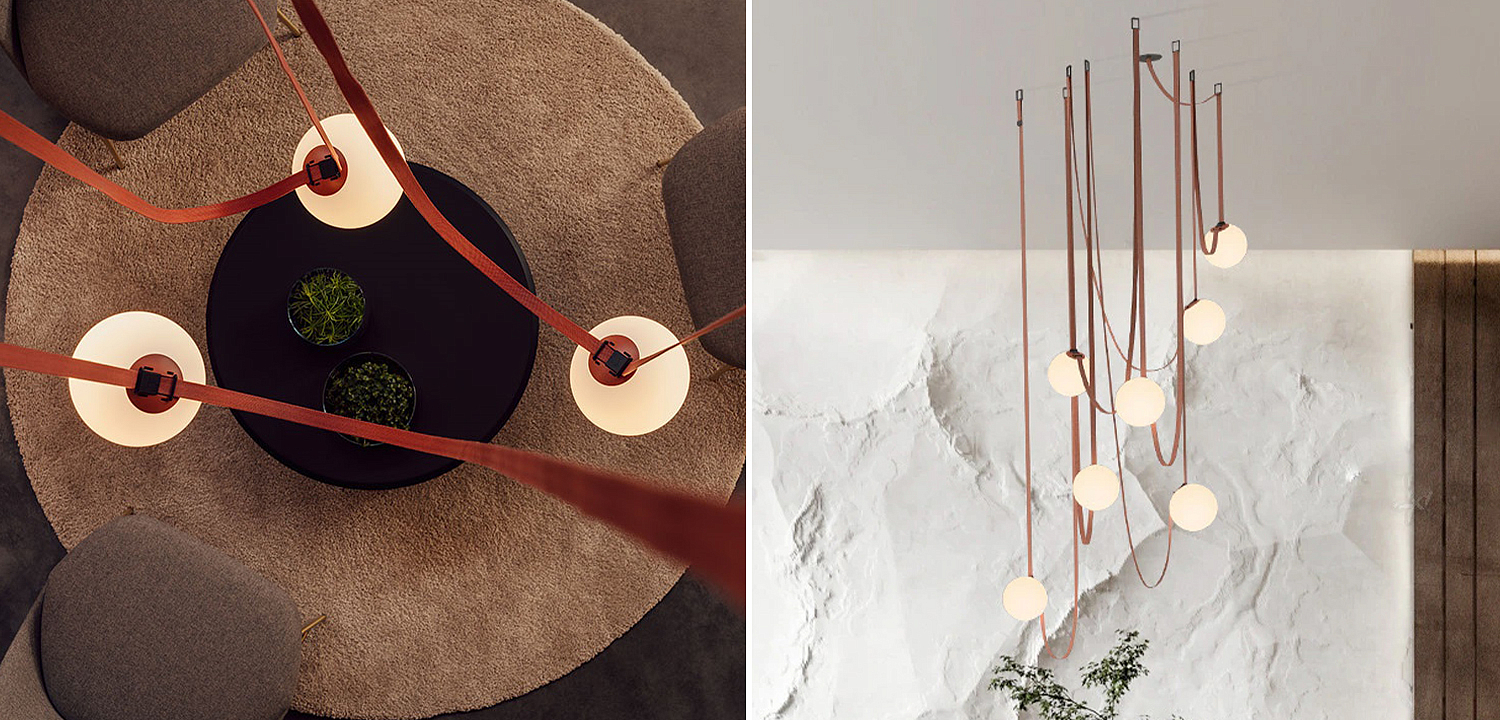 Vibia PLUSMINUS Серия подвесных светильников с белыми шарообразными плафонами из стекла на красных текстильных ремнях Vibia PLUSMINUS Серия подвесных светильников с белыми шарообразными плафонами из стекла на красных текстильных ремнях - Loft-Concept во Владивостоке
