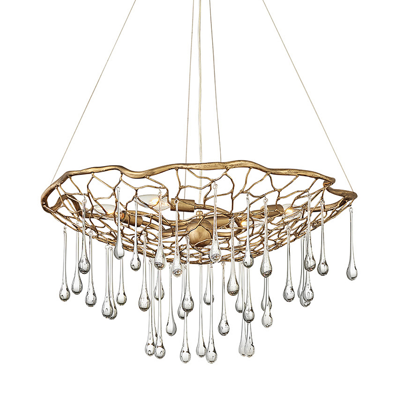 Люстра подвесная золотого цвета с металлическим сетчатым основанием и стеклянными каплевидными подвесками Hinkley Золотой Прозрачное Стекло во Владивостоке | Loft Concept 