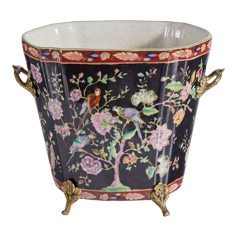 Кашпо из фарфора черная с цветочной росписью и бронзовой стрекозой Spring Garden Мульти Бронза Черный во Владивостоке | Loft Concept 