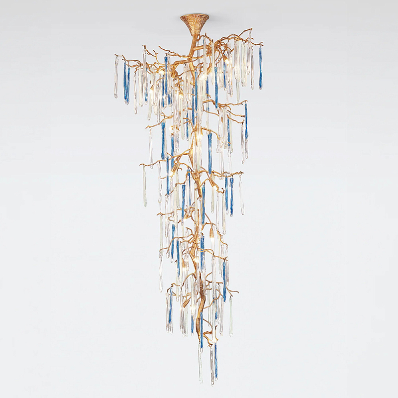 Люстра каскадная с прозрачными и голубыми подвесками в форме капель Droplet Chandelier Золотой Прозрачный Голубой Люстра каскадная с прозрачными и голубыми подвесками в форме капель Droplet Chandelier Золотой Прозрачный Голубой во Владивостоке | Loft Concept