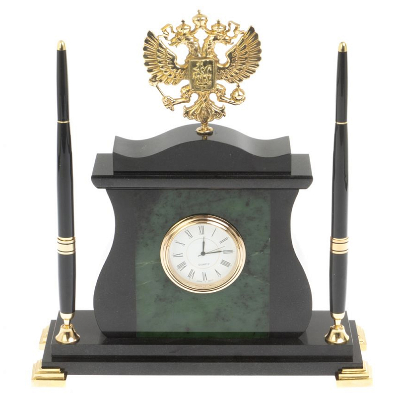 Часы настольные с Гербом России и 2-мя шариковыми ручками в комплекте Stone Clock Черный Зеленый Коричневый Бронза Часы настольные с Гербом России и 2-мя шариковыми ручками в комплекте Stone Clock Черный Зеленый Коричневый Бронза во Владивостоке | Loft Concept