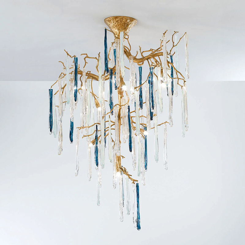 Люстра с прозрачными и голубыми подвесками в форме капель Droplet Chandelier Золотой Прозрачный Синий Люстра с прозрачными и голубыми подвесками в форме капель Droplet Chandelier Золотой Прозрачный Синий во Владивостоке | Loft Concept
