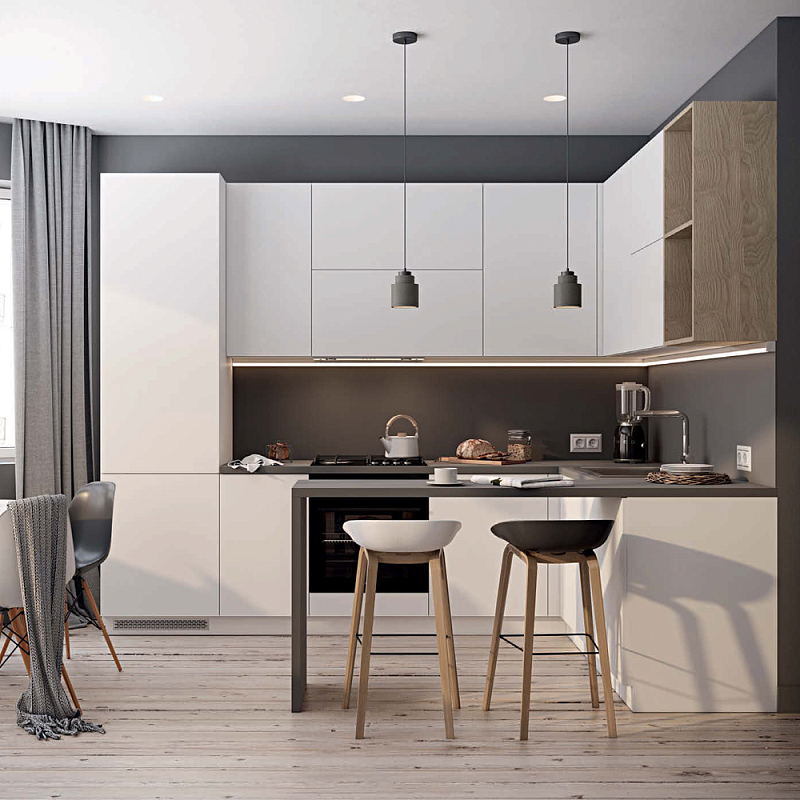 Кухонный гарнитур белый акриловый фасад Eveline White Kitchen Set Белый Древесина Серый Кухонный гарнитур белый акриловый фасад Eveline White Kitchen Set Белый Древесина Серый во Владивостоке | Loft Concept