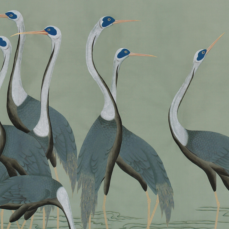 Обои ручная роспись Sarus Cranes Colourway SC-206 on Blue Grey dyed silk Обои ручная роспись Sarus Cranes Colourway SC-206 on Blue Grey dyed silk во Владивостоке | Loft Concept