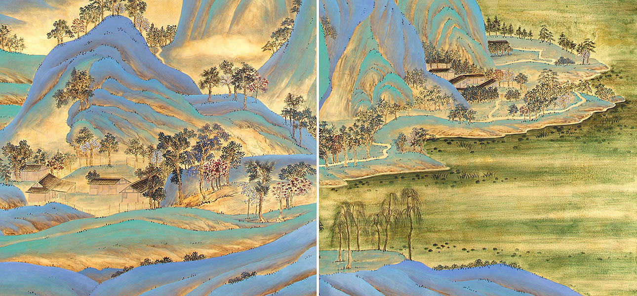 Обои ручная роспись A Thousand Li of Rivers and Mountains Original colourway on Deep Rich Gold gilded paper with gold pearlescent antiquing Обои ручная роспись A Thousand Li of Rivers and Mountains Original colourway on Deep Rich Gold gilded paper with gold pearlescent antiquing - Loft-Concept во Владивостоке