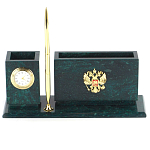 Настольный письменный набор с гербом России и часами из природного камня змеевик Successful Leader варинант исполнения - 1 | Loft Concept во Владивостоке