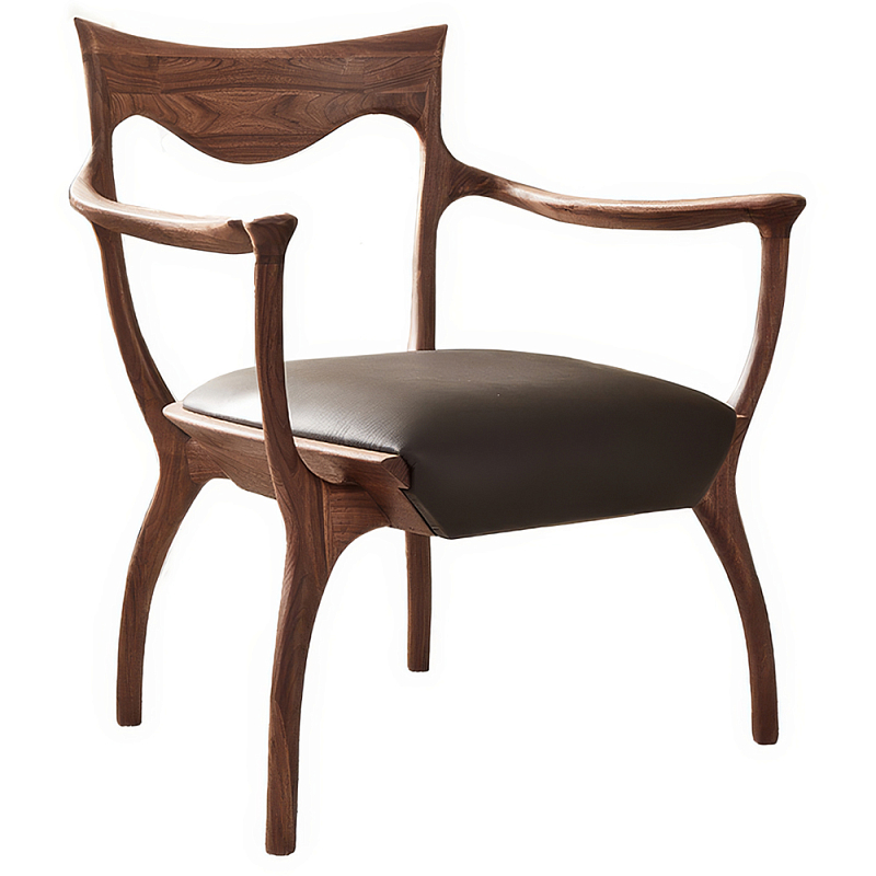 Стул деревянный с мягким сиденьем из коричневой натуральной кожи Moon Walnut Furniture Орех Коричневый Стул деревянный с мягким сиденьем из коричневой натуральной кожи Moon Walnut Furniture Орех Коричневый во Владивостоке | Loft Concept