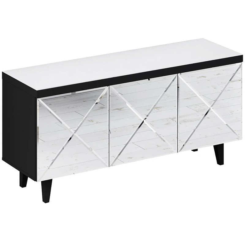 Длинная тумба с зеркальным декором Arden Cabinet Черный Белый Зеркало Длинная тумба с зеркальным декором Arden Cabinet Черный Белый Зеркало во Владивостоке | Loft Concept