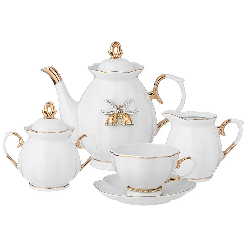 Чайный сервиз из фарфора со стразами на 6 персон 15 предметов Shine Porcelain Белый Золотой Чайный сервиз из фарфора со стразами на 6 персон 15 предметов Shine Porcelain Белый Золотой во Владивостоке | Loft Concept