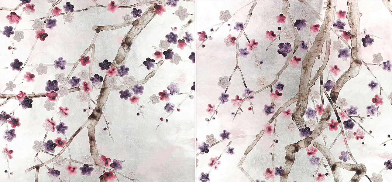 Обои ручная роспись Plum Blossom Colourway SC-228 on Tarnished Silver gilded paper with pearlescent antiquing Обои ручная роспись Plum Blossom Colourway SC-228 on Tarnished Silver gilded paper with pearlescent antiquing - Loft-Concept во Владивостоке