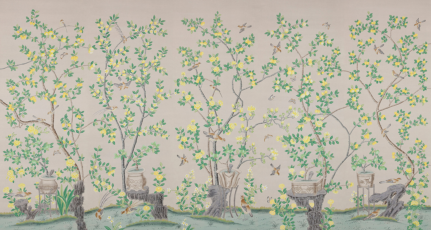 Обои ручная роспись Jardinieres & Citrus Trees Silver metallic Обои ручная роспись Jardinieres & Citrus Trees Silver metallic - Loft-Concept во Владивостоке