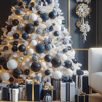 Украшенная Белая Новогодняя Елка с сине-белыми шарами и и муляжами подарков в комплекте варинант исполнения - 2 | Loft Concept во Владивостоке