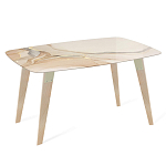 Обеденный стол с прямоугольной бежевой столешницей из стекла на 4-х деревянных ножках Beige Marble варинант исполнения - 1 | Loft Concept во Владивостоке