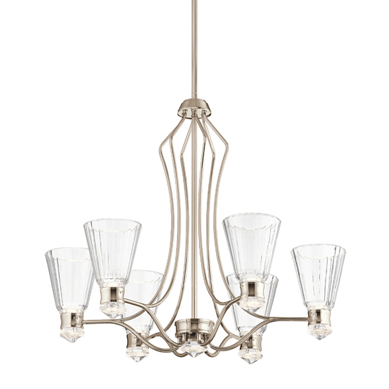 Люстра цвета никель с 6-ю рифлеными стеклянными плафонами и изогнутым каркасом Kichler Никель Белый Прозрачное Стекло во Владивостоке | Loft Concept 