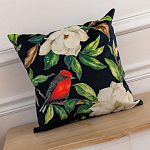 Декоративная подушка чёрная с изображением птиц и цветов Blooming Reds Birds варинант исполнения - 2 | Loft Concept во Владивостоке