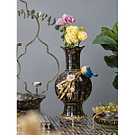 Ваза черная фарфоровая с  узором и бронзовым декором в виде веток с фарфоровой птичкой и цветами Eden Garden варинант исполнения - 2 | Loft Concept во Владивостоке