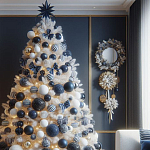 Украшенная Белая Новогодняя Елка с сине-белыми шарами и и муляжами подарков в комплекте варинант исполнения - 1 | Loft Concept во Владивостоке