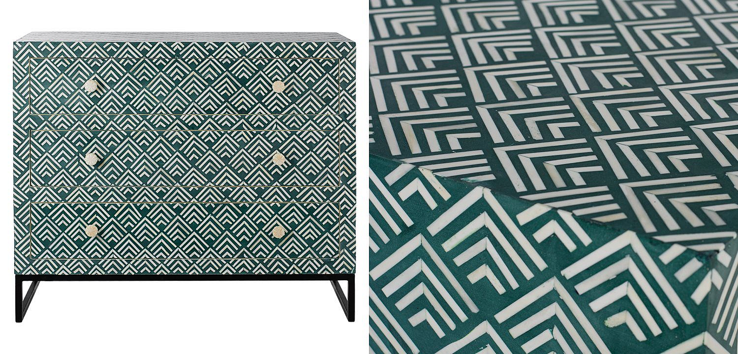 Комод инкрустация костью Green Indian Bone Inlay 3 drawer Зеленый Комод инкрустация костью Green Indian Bone Inlay 3 drawer Зеленый - Loft-Concept во Владивостоке