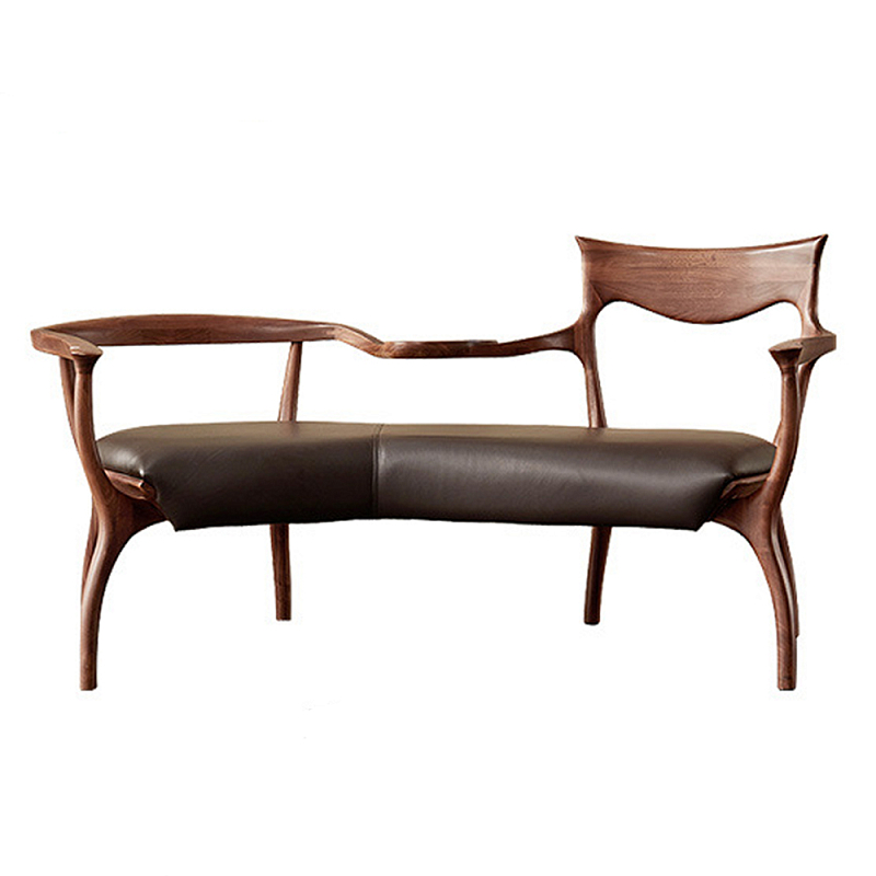 Кушетка с деревянным каркасом и сиденьем из коричневой натуральной кожи Moon Walnut Furniture Коричневый Орех Кушетка с деревянным каркасом и сиденьем из коричневой натуральной кожи Moon Walnut Furniture Коричневый Орех во Владивостоке | Loft Concept